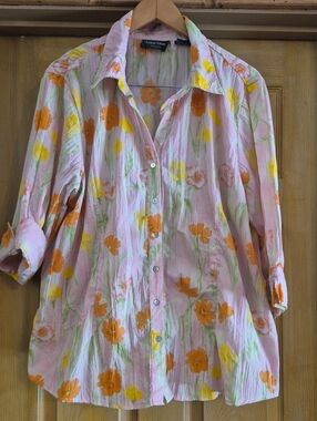 Lemon Grass Studio Floral Button  Ladies Shirt Pink, Orange Yellow 3/4 Sleeve 2x